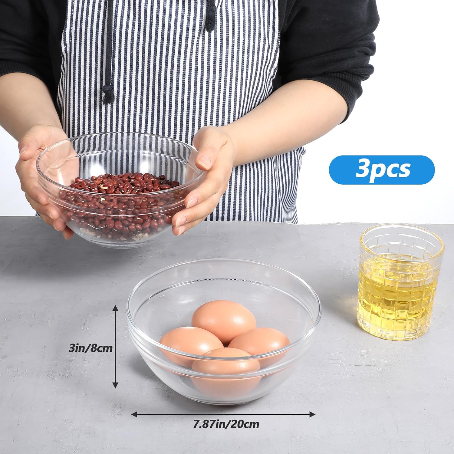 3pcs Tempered Glass Prep Bowls Glass Bowl Set 8 Inch Salad Bowls image 2