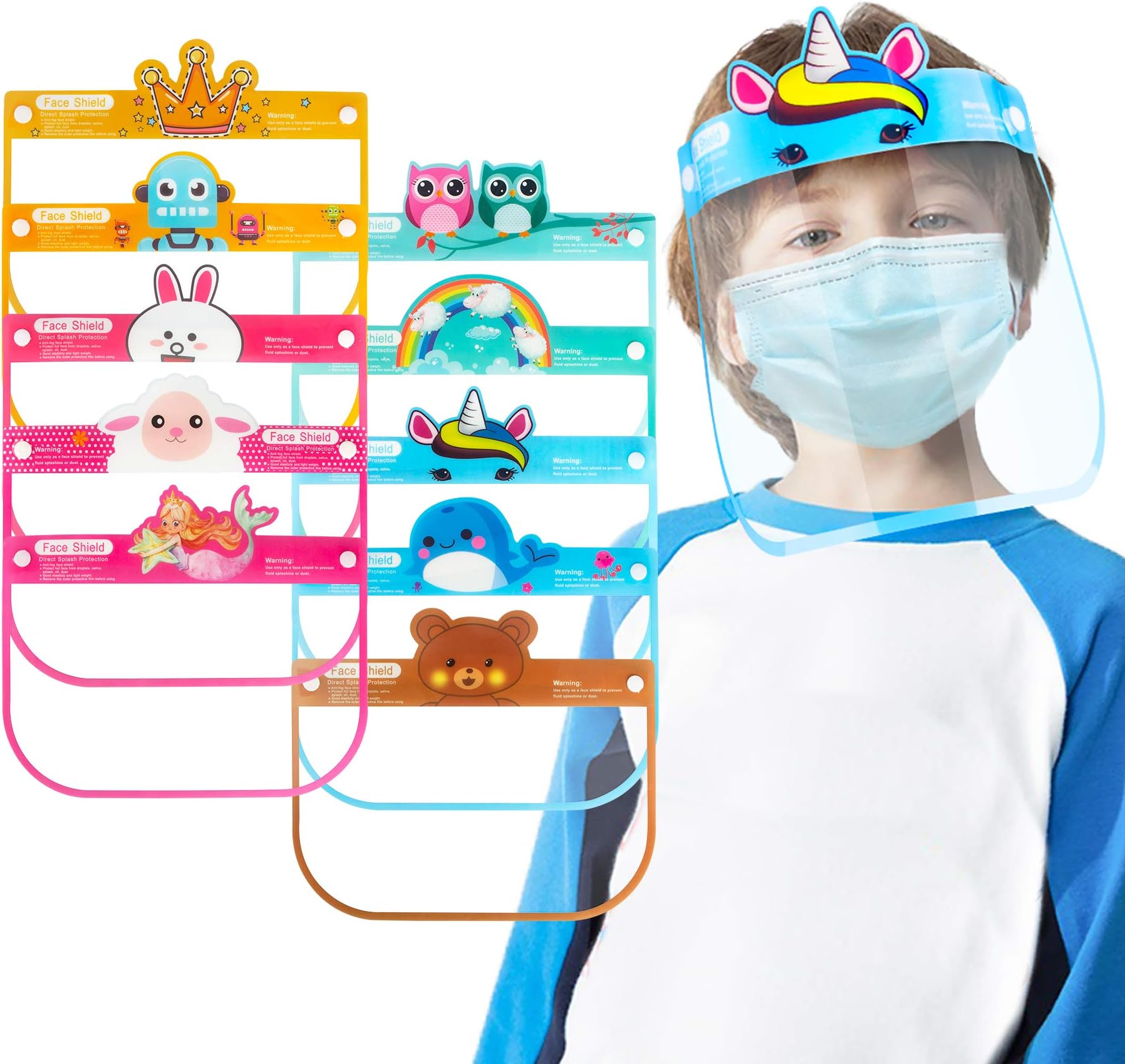10PCS Kids' PET Reusable Clear Protective Safety Face Shields Assorted Designs for Boys & Girls, Lightweight High Transparency Wrap-Around Splash Cover Anti-Fog Visor Comfortable Fit Elastic Headband