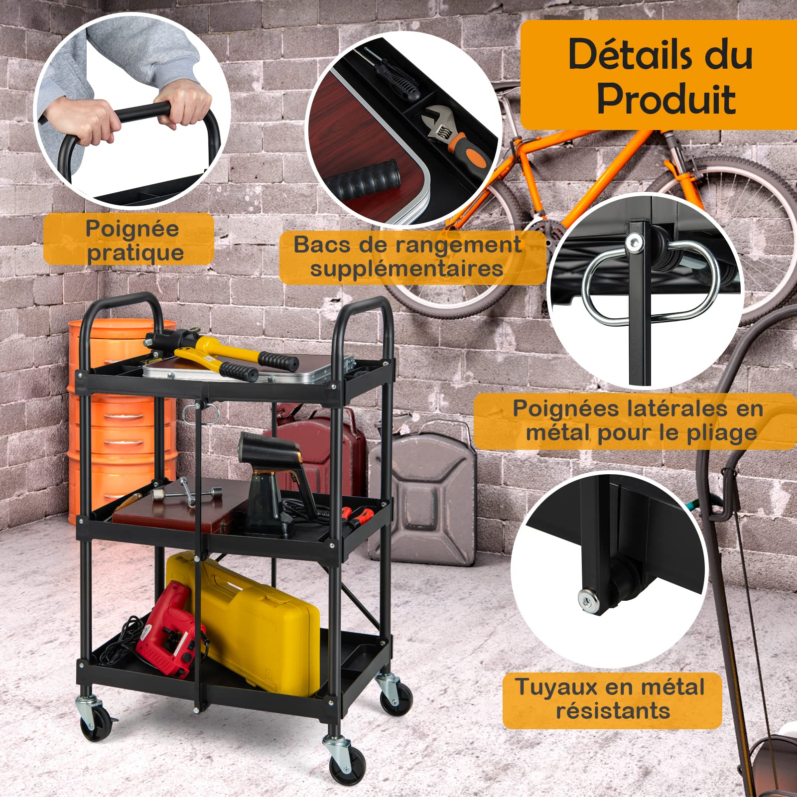 GOPLUS Desserte à roulettes Pliable, Chariot Roulant 3 Niveaux, pour Maison, Bureau et Entrepôt, 61 x 44 x 96 CM