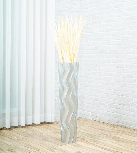 Miniatura 3 de Leewadee Jarrón grande para piso, hecho a mano, hecho de madera, recipiente sofisticado para ramas decorativas y flores secas, 28 pulgadas, plateado