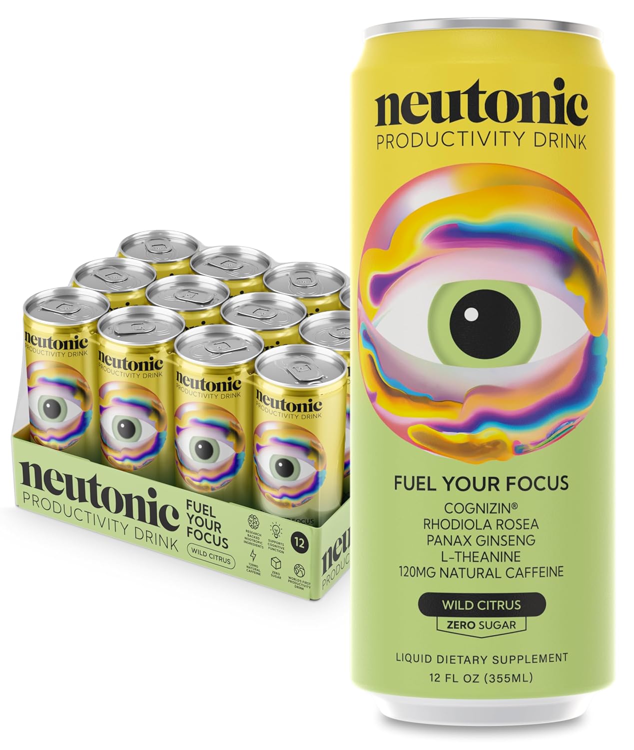 Neutonic Nootropic Productivity Energy Drink | Wild Citrus 12 Cans | 120mg Natural Caffeine, Zero Sugar | Support Memory, Mental Clarity, Cognitive Function | Boost Focus, Energy, Brain Health