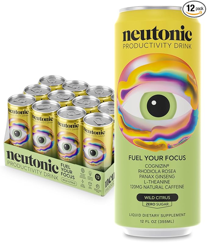 Neutonic Nootropic Productivity Energy Drink | Wild Citrus 12 Cans | 120mg Natural Caffeine, Zero Sugar | Support Memory, Mental Clarity, Cognitive Function | Boost Focus, Energy, Brain Health