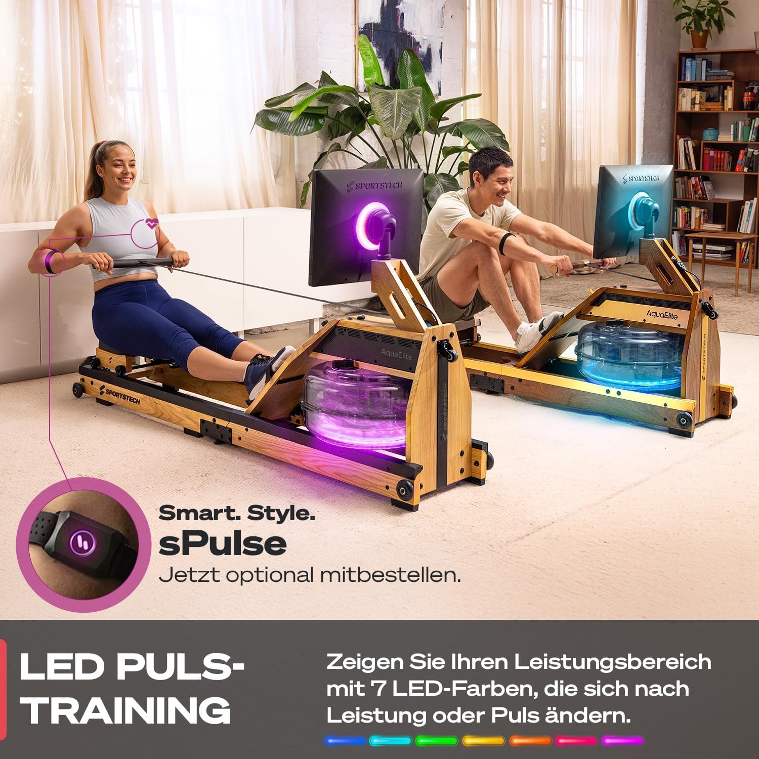 Sportstech AquaElite, Wasser Rudergerät für zu Hause, authentisches Rudererlebnis, Cardio und Ganzkörpertraining, Massivholz, klappbar, LED-Wassertank, 10,1" oder 21,5" Display mit App