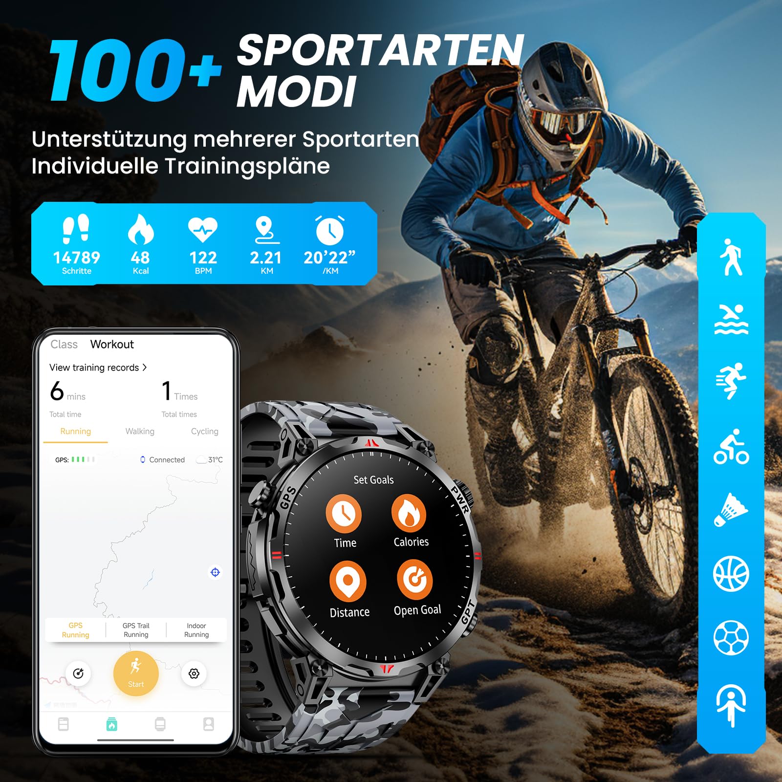 Smartwatch Herren Militärische, 1,56 Zoll mit GPS/GPT-Assistent/Bluetooth AI Zifferblatt/Bluetooth-Anruf/Herzfrequenz/Kompass, 3ATM Wasserdicht, kompatibel mit Android/iOS,100+Fitnessuhr Tracker | Bluetooth-Anruf / Herzfrequenzstress / Schlaferkennung / K