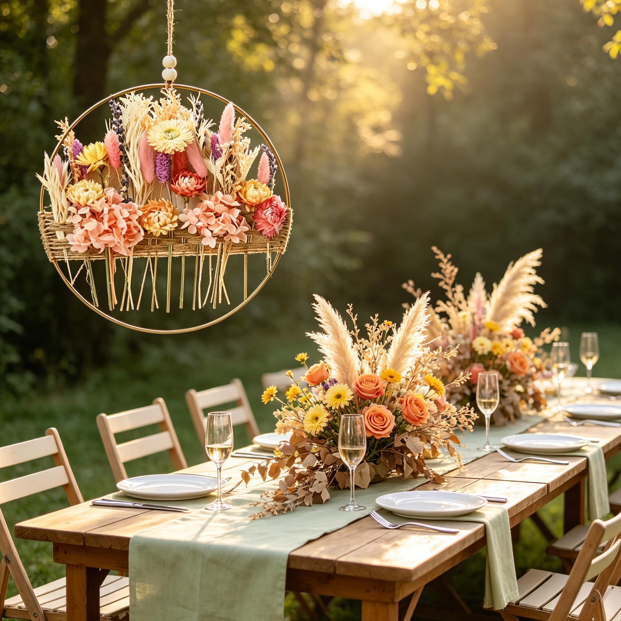 Türkranz Herbst Frühling Sommer Deko Trockenblumenkranz Mit Metallring und Hanfseil, Boho Wanddekoration, Natürliche Getrocknete Blumen, Romantisches Design (E)