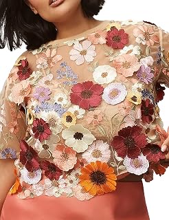 Women's 3D Embroidered Floral Lace Blouse - Short Sleeve Sheer Crew Neck Tee Shirt Tops