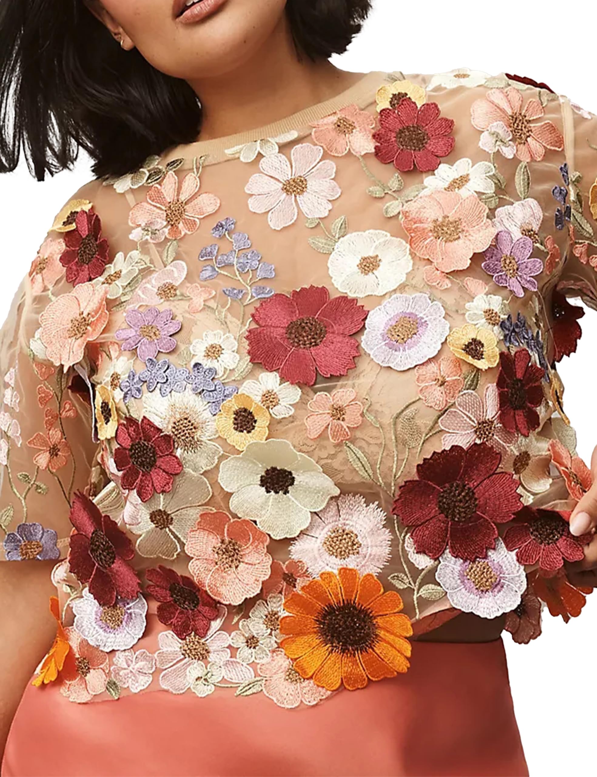 Women's Embroidered 3D Floral Blouse Short Sleeve Crew Neck Sheer Lace Tee Shirts