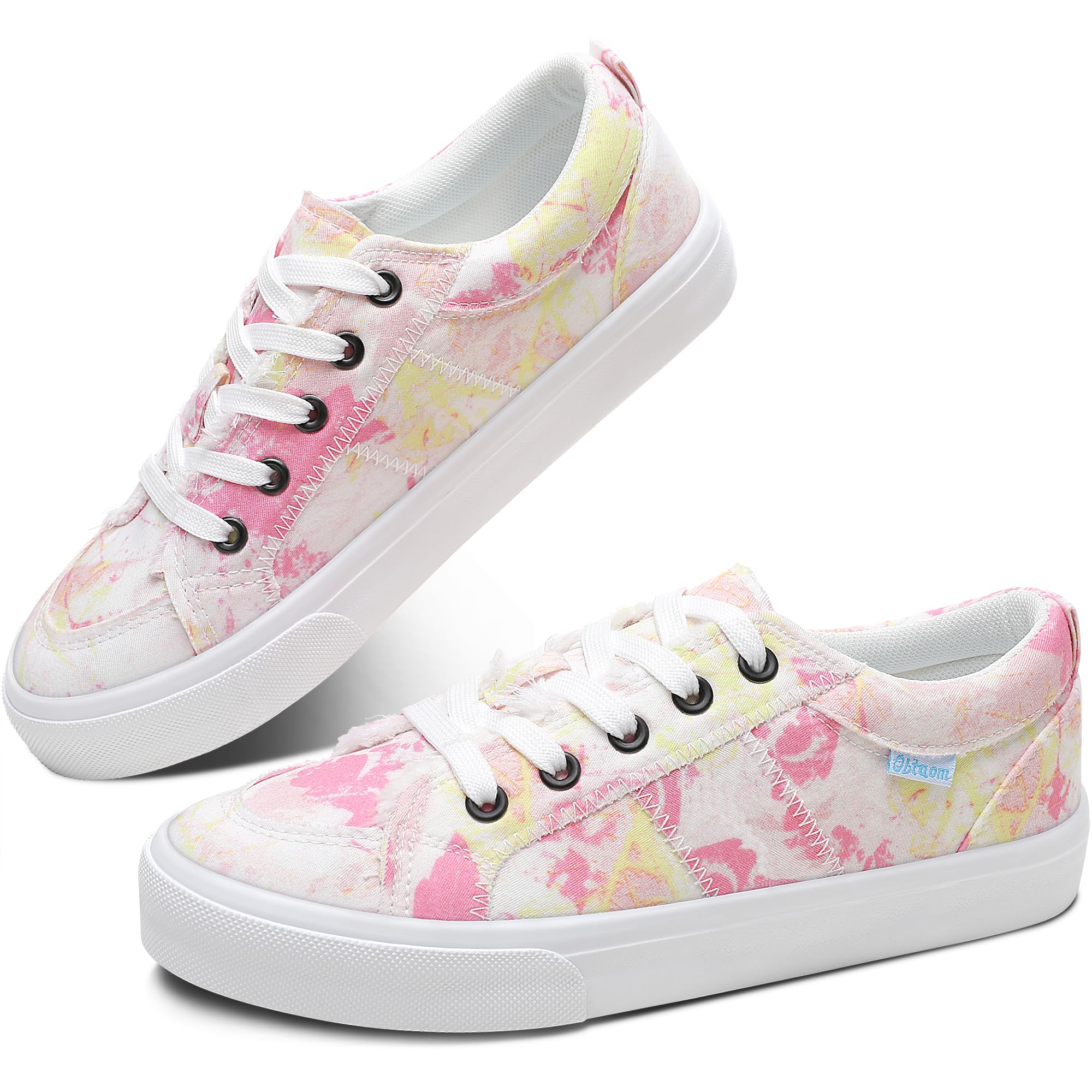 Obtaom Scarpe da ginnastica da donna, bianche, alla moda, con lacci, in tela, basse, lavate, piatte, per donna