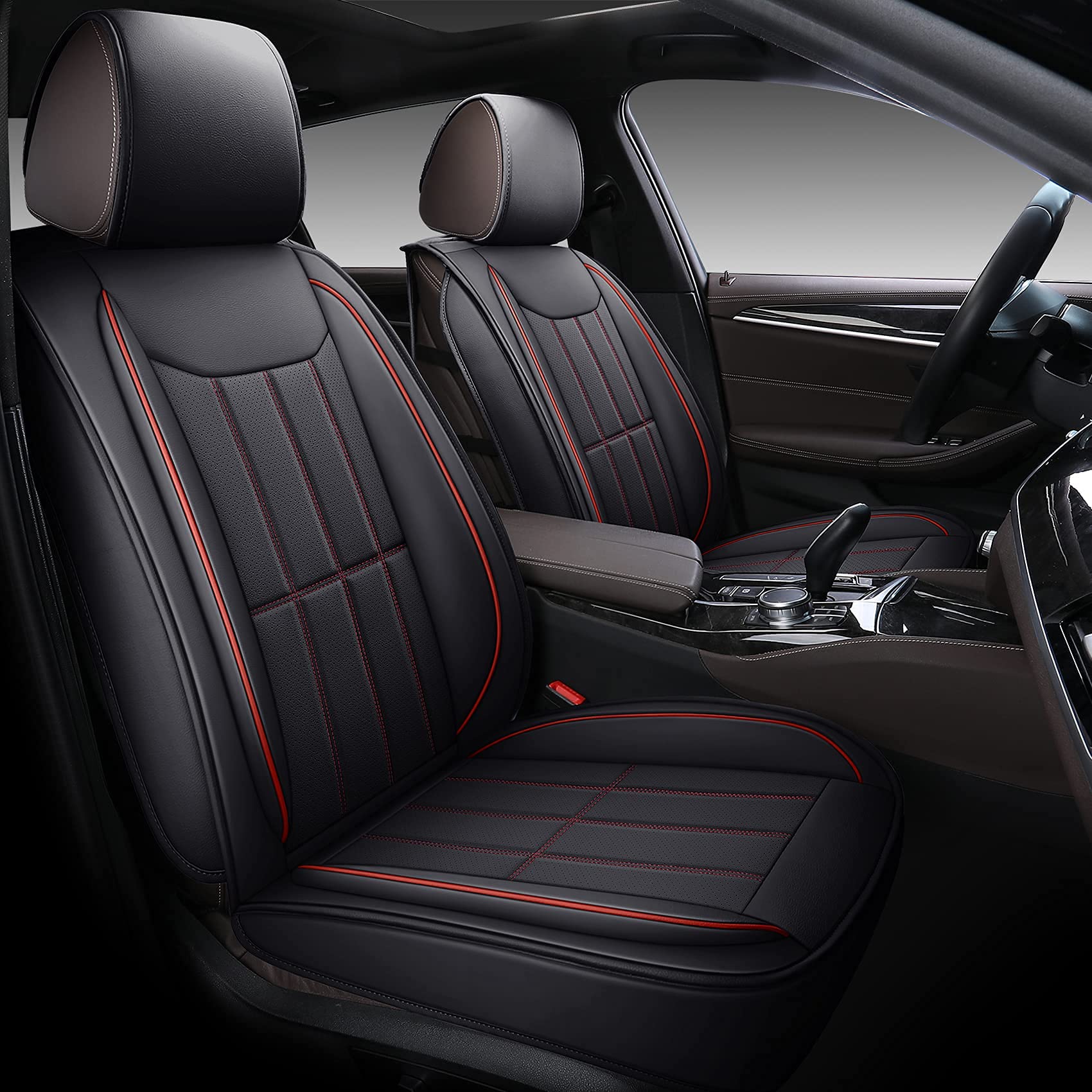 SPEED TREND Car Seat Covers – Premium PU Leather for Ultimate Comfort & Protection, Easy Installation and Universal Fit for Most Cars SUVs Trucks (ST-003 Front Pair, Black&RED)