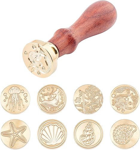Miniatura 2 de CRASPIRE Juego de sellos de cera oceánica, 8 cabezales de sello de latón extraíbles vintage con 2 asas de madera, 1 cuchara de cera y 4 velas para