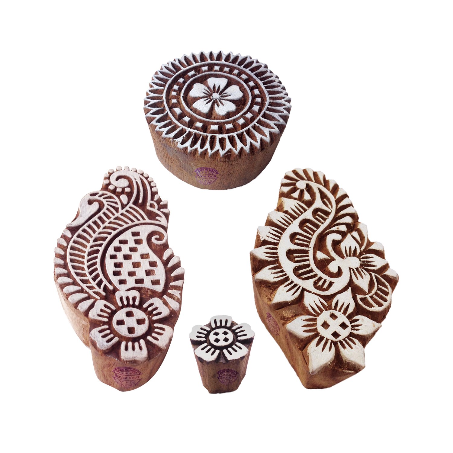 Crafty Printing Stamps Indian Floral Round Design Wood Blocks (Set of 4)