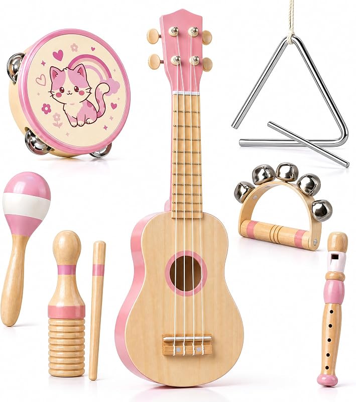 Kids Musical Instruments - 7 in 1 Toddler Ukulele Set for 2+, Pink | Montessori Percussion Kit with Storage Box, Tambourine Maracas Triangle Handbell Recorder, Kids Gift for Boys Girls