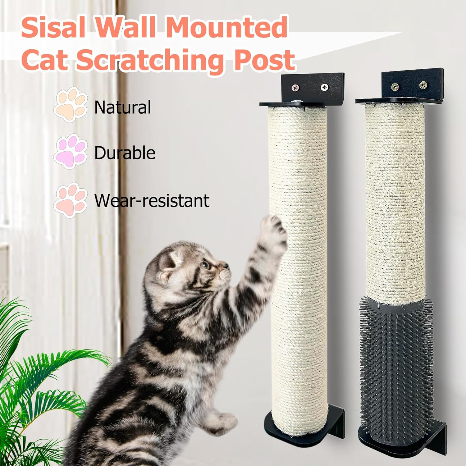 review Cat Scratching Post Wall Mounted 2 Pack Cage Mount Cat Scratcher 2-in-1 Natural Sisal Kitty Scratch Posts with Self Groomer Massager for Scratch and Climbing 15.7x2.7in (White)