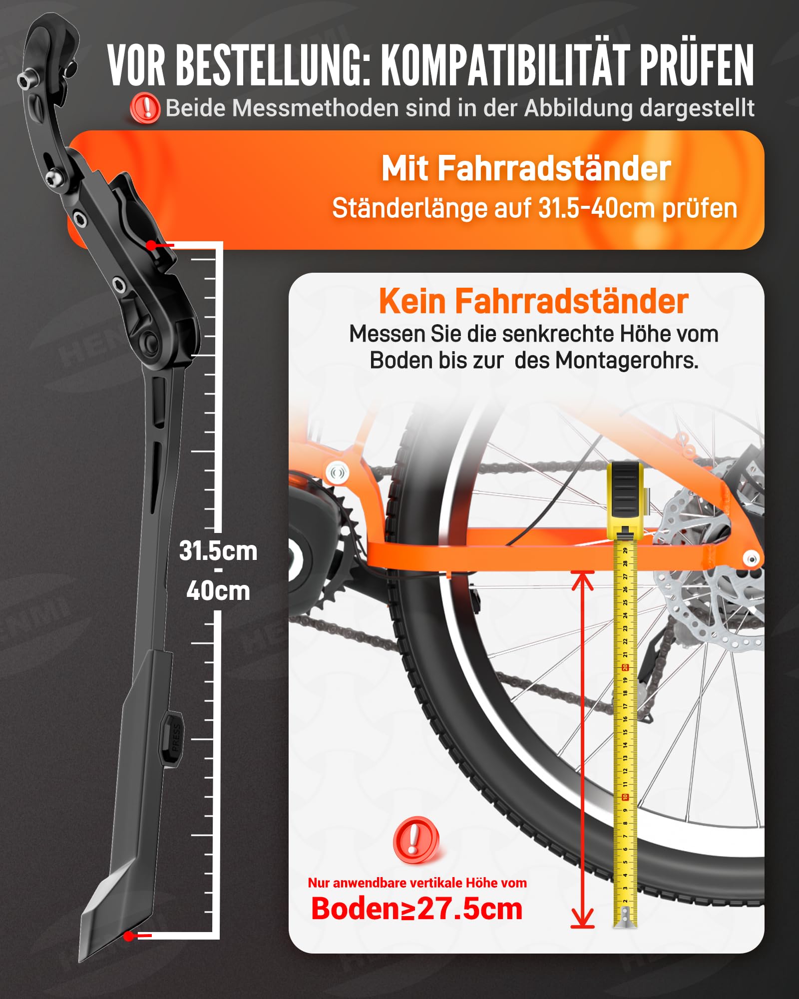 HENMI Fahrradständer 24-29 Zoll Pro+ für Runde Rahmen, Höhenverstellbarer Fahrrad ständer aus Aluminium, Extra Stabil Seitenständer für Mountainbike e Bike Rennrad City Trekking