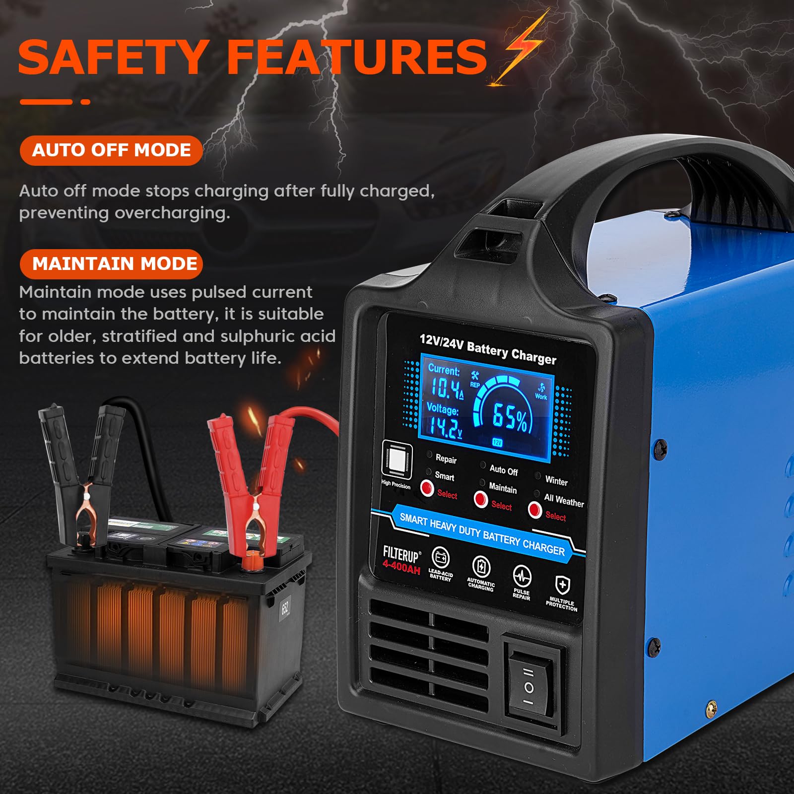 Caricabatterie al piombo-acido da 12 V 24 V, resistente, 0-15 A Smart Automatic Battery Maintainer, caricabatterie con riparazione, spegnimento automatico, modalità inverno ed estate, per auto, camion