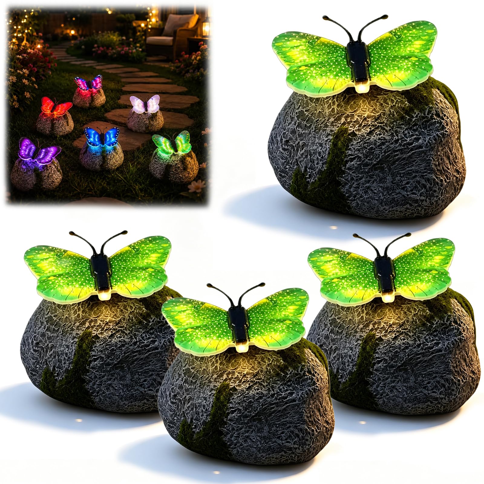 ELMVAR Illuminated Butterfly Stone Garden Light, Solar LED Powered Outdoor Decor, Waterproof Resin Butterfly Statue, Glowing Yard Ornament for Patio Lawn Flower Bed (Green,8)