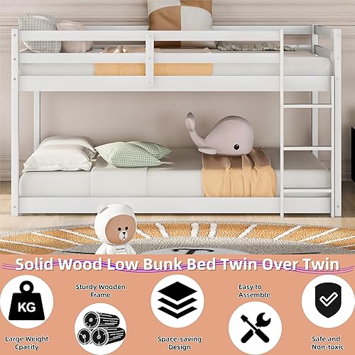 Miniatura 30 de Litera baja individual sobre individual, base de cama de madera maciza con escalera y barandillas de seguridad, literas individuales para niños y