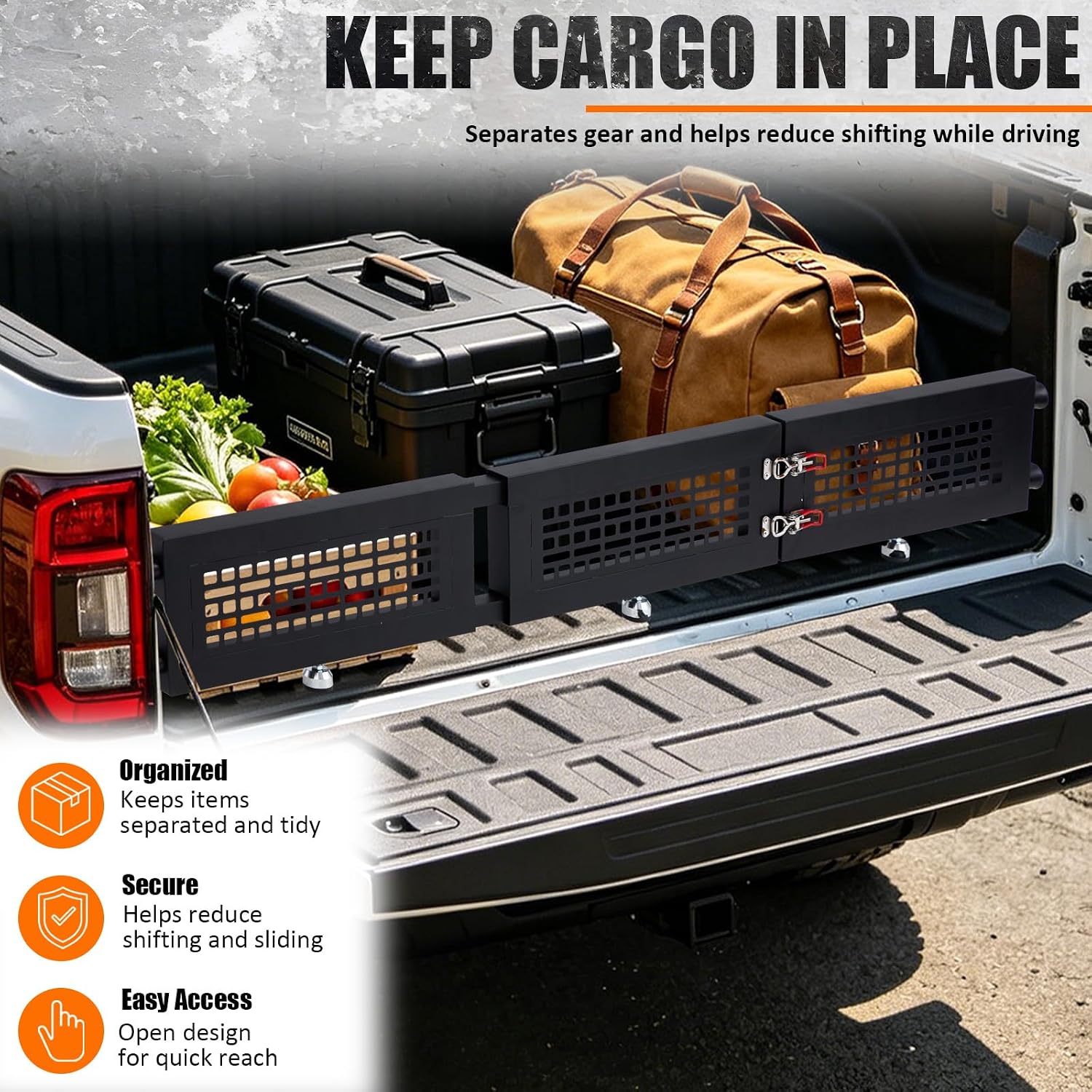Woanger 54.7"-62.6" Foldable Truck Bed Divider, Carbon Steel Pickup Cargo Barrier with Dense Mesh & Hook Loop Straps, No Drill Truck Bed Organizer, Fits Most Full Size Pickup Trucks