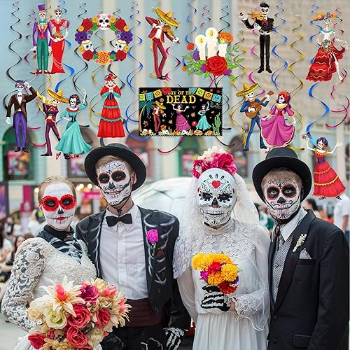 Miniatura 7 de 30 piezas de decoración colgante del Día de los Muertos Dia De Los Muertos para el techo, remolinos de azúcar, calavera colgante, decoraciones de