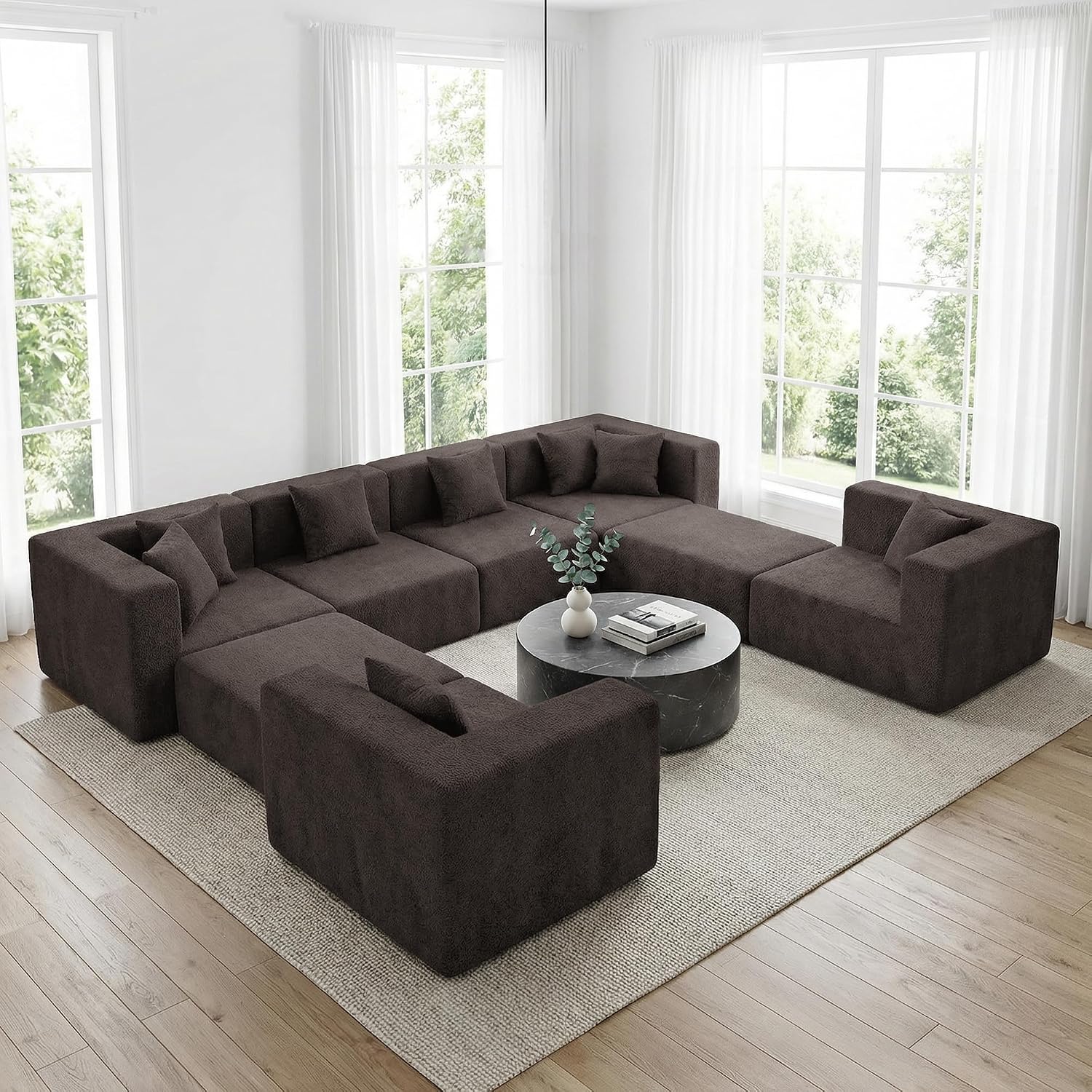 MONVANE Modular Sectional Sofa, Oversized 8 Seat Convertible U Shaped Couch with Ottoman, Comfy Teddy Velvet Deep Seat Cloud Couch, Sectional Couches for Living Room, No Assembly Required, Brown thumbnail