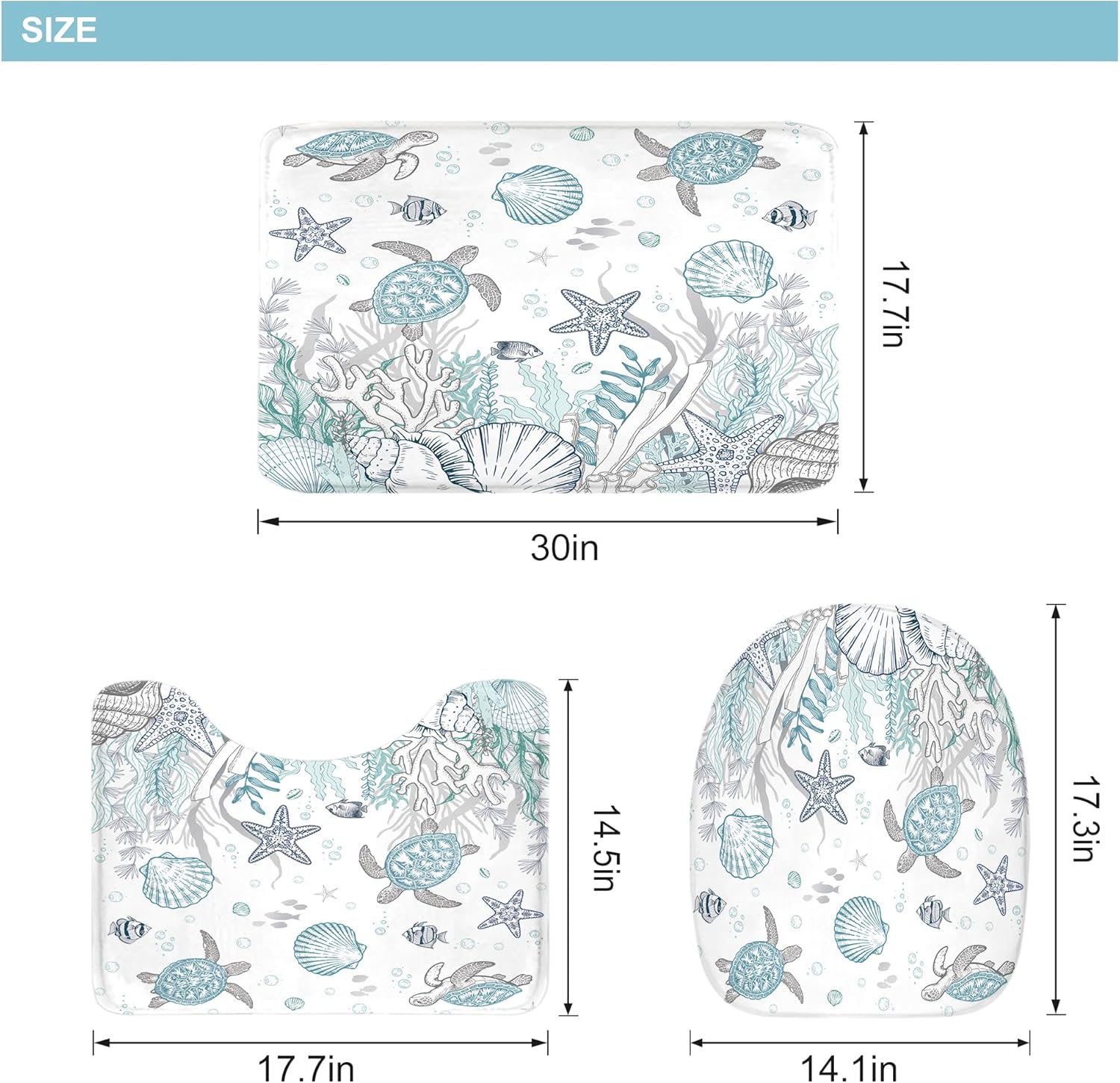 Riyidecor Beach Sea Turtle 4Pcs Bathroom Shower Curtain Sets Ocean Coral Seashell Underwater Kid Bathroom Decor Set with Rugs and Accessories Girly Toilet Lid Rug, Contour and Bath Mat with 12 Hooks