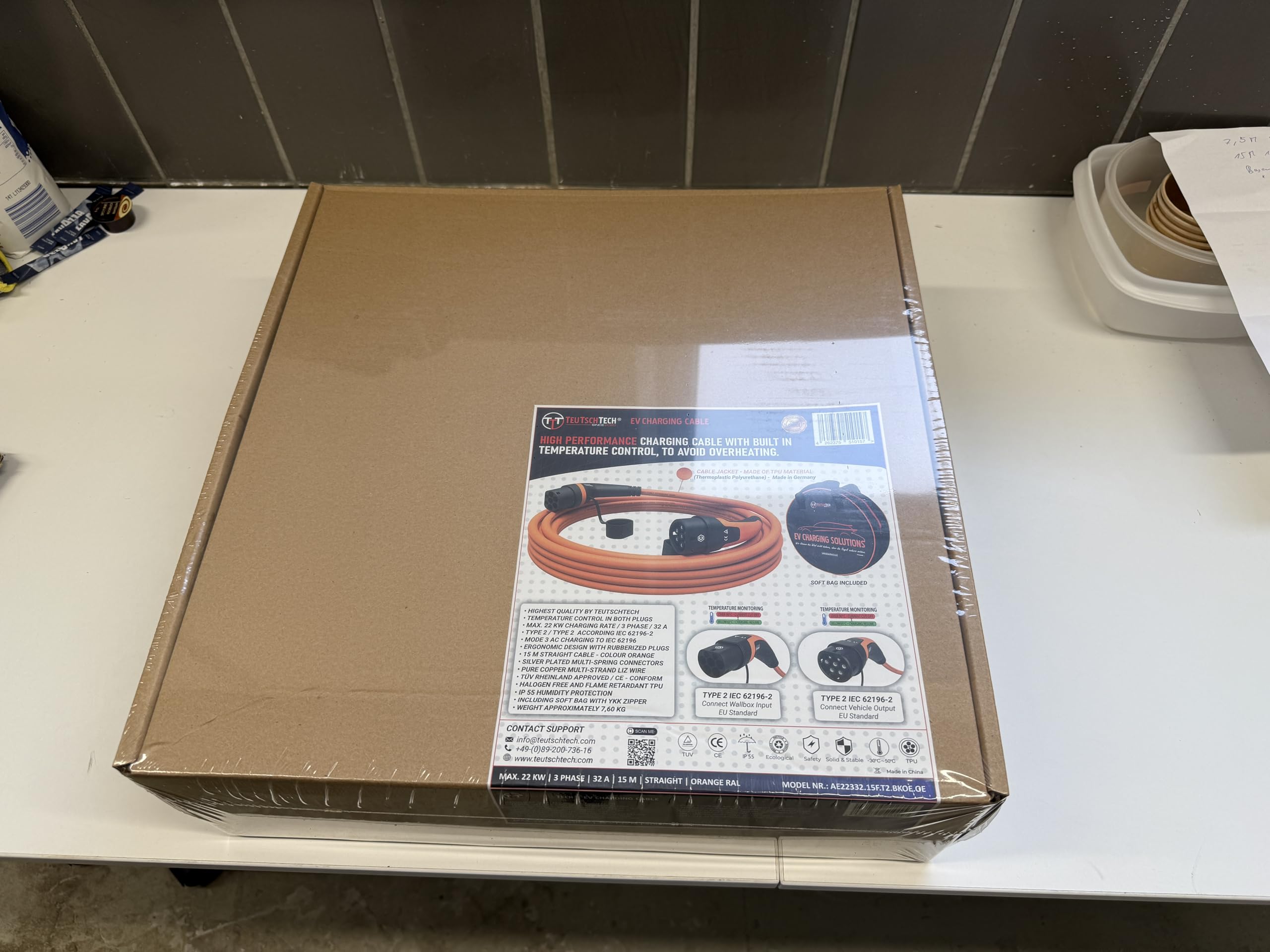 TEUTSCHTECH, cavo di ricarica tipo 2 per auto elettrica o PHEV | 22 kW | 3 fasi 32 A | Modalità 3 | 15 m | Tipo 2 a tipo 2 | Monitorato della temperatura | Ricarica sicura | Arancione