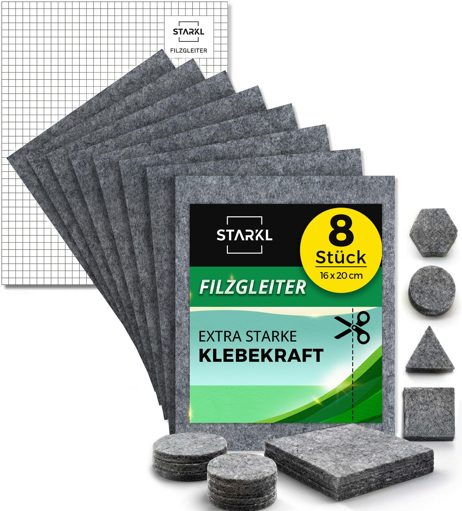 STARKL Filzgleiter selbstklebend zum Zuschneiden 16 x 20cm, 4mm, 8 Stück | Hochwertige Nadelfilz-Gleiter für Stühle, selbstklebende Filzplatten für Möbel, Stuhlgleiter Klebefilz