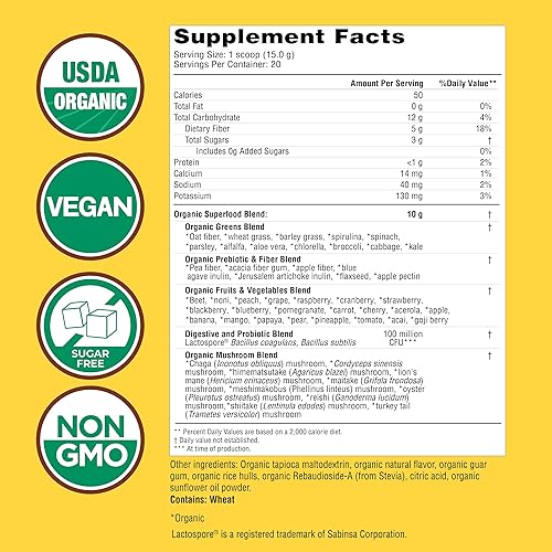 Miniatura 9 de COUNTRY FARMS Super Greens Sabor piña y mango, 50 súper alimentos orgánicos, mezcla de bebida orgánica USDA (pasto de trigo, espirulina, clorella),