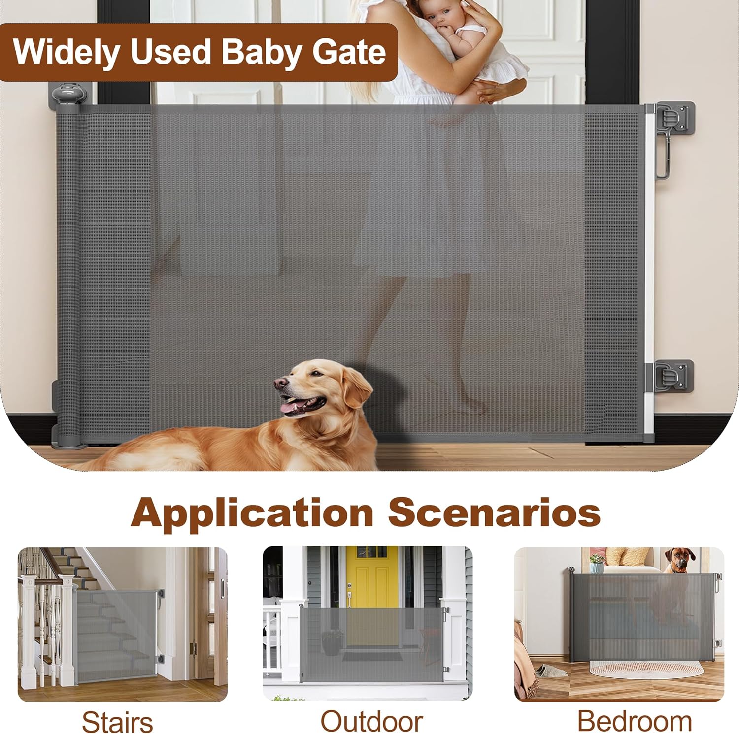 Retractable Baby Gate,Pet Proof Gate Indoor,Punchable/Latex,Mesh Baby Gate for Cats/Small Dogs,Child Safety Gate for Doorways,Stairs,Hallways,Indoor/Outdoor,33’ Tall,Extends up to 70' White