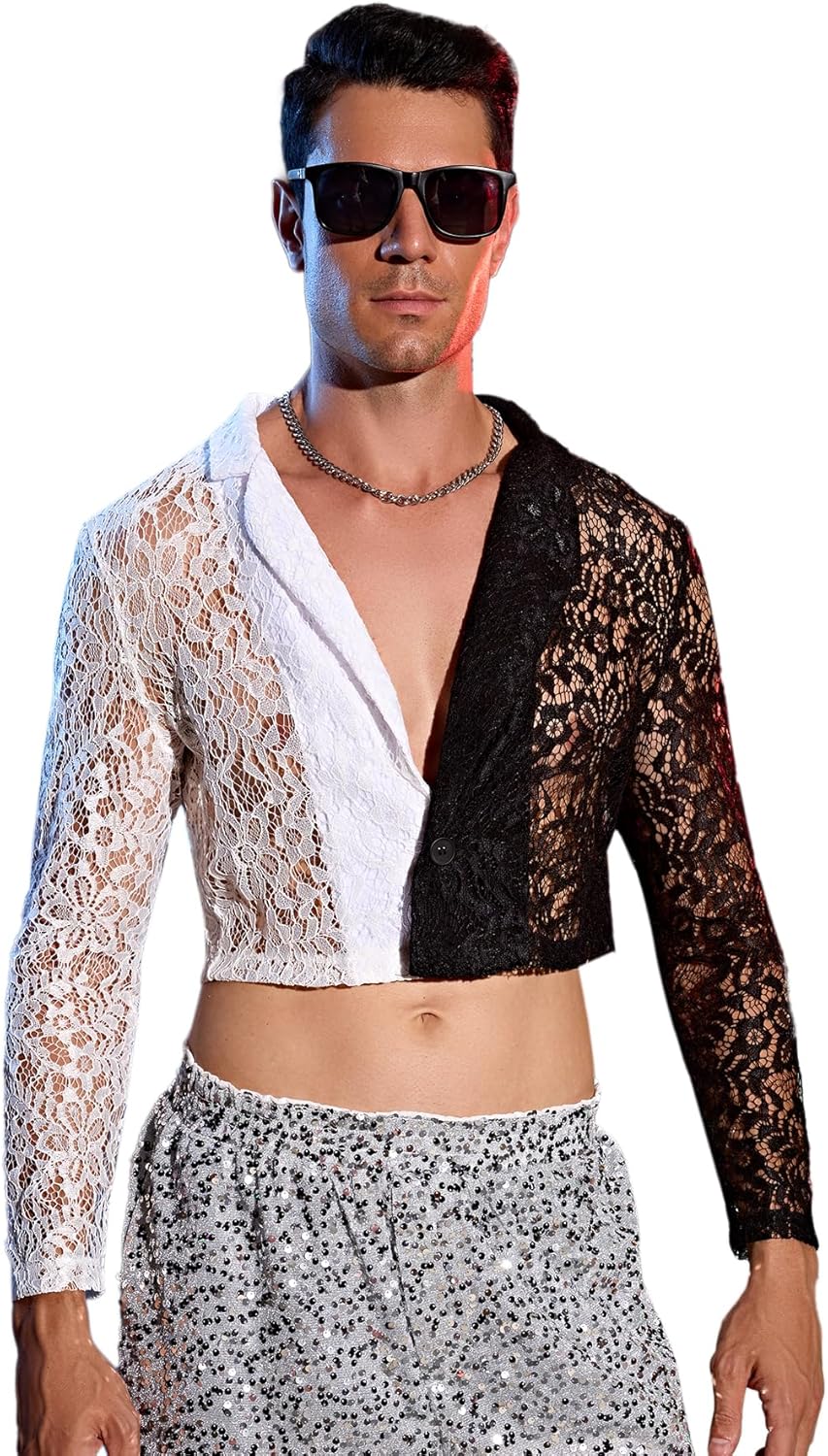 WDIRARA Men's Floral Lace Contrast Mesh Lapel Neck Long Sleeve Colorblock Blazer