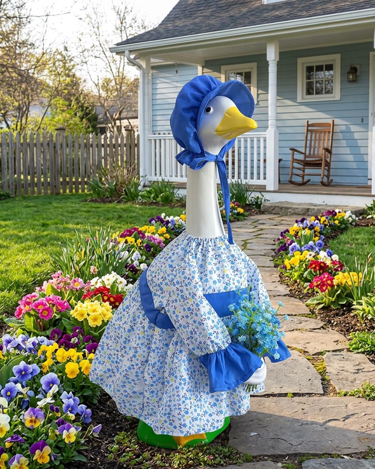 Summer Porch Goose Lady Outfits with Artificial Flowers - 23" Floral Dress Lawn Geese Clothes with Hat, Cute Porch Goose Spring Outfits for Patio Garden Decor, Best Gift for Mom Grandma