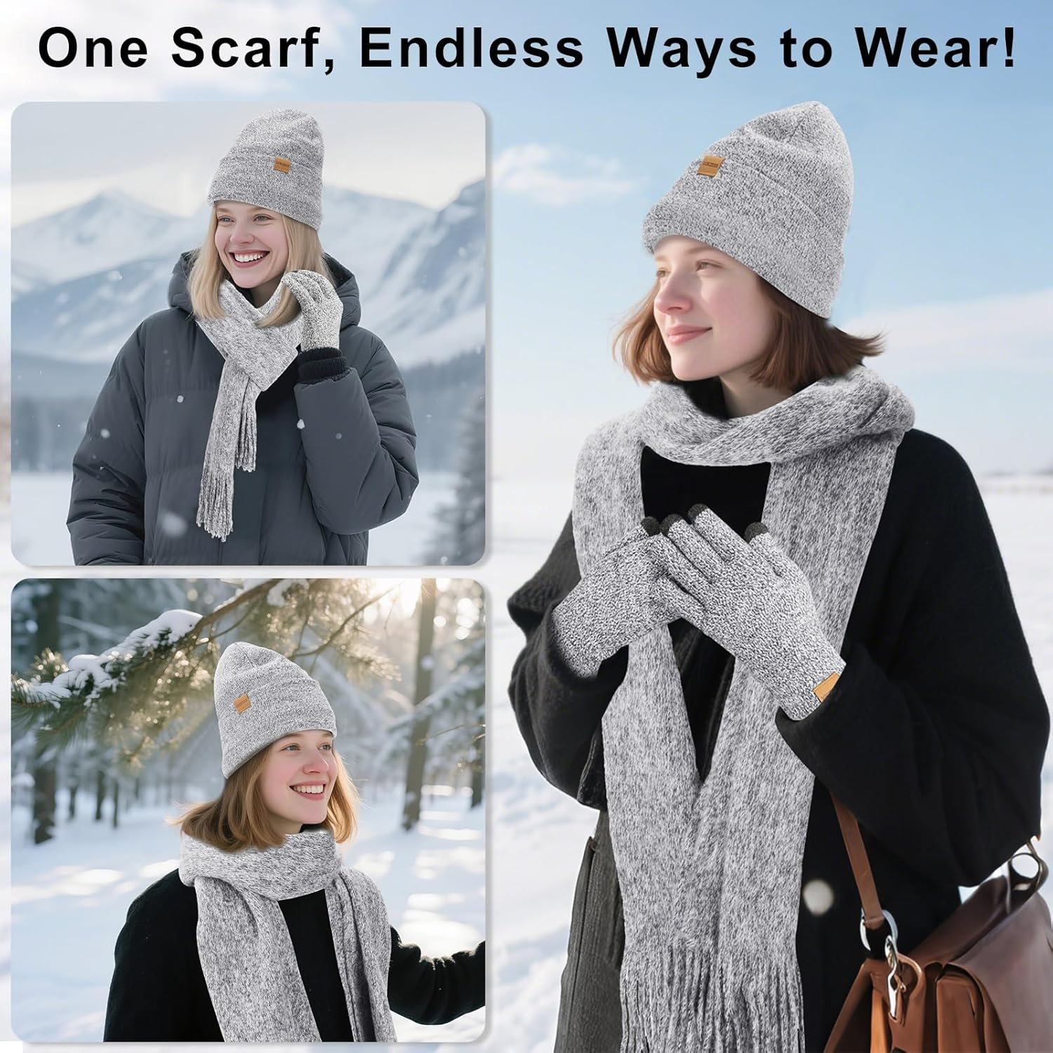 Winter Hat Gloves Scarf Set Women, Knit Beanie Fleece Lining, Touchscreen Gloves & Warm Knitted Scarf 3Pcs Gift - Image 5