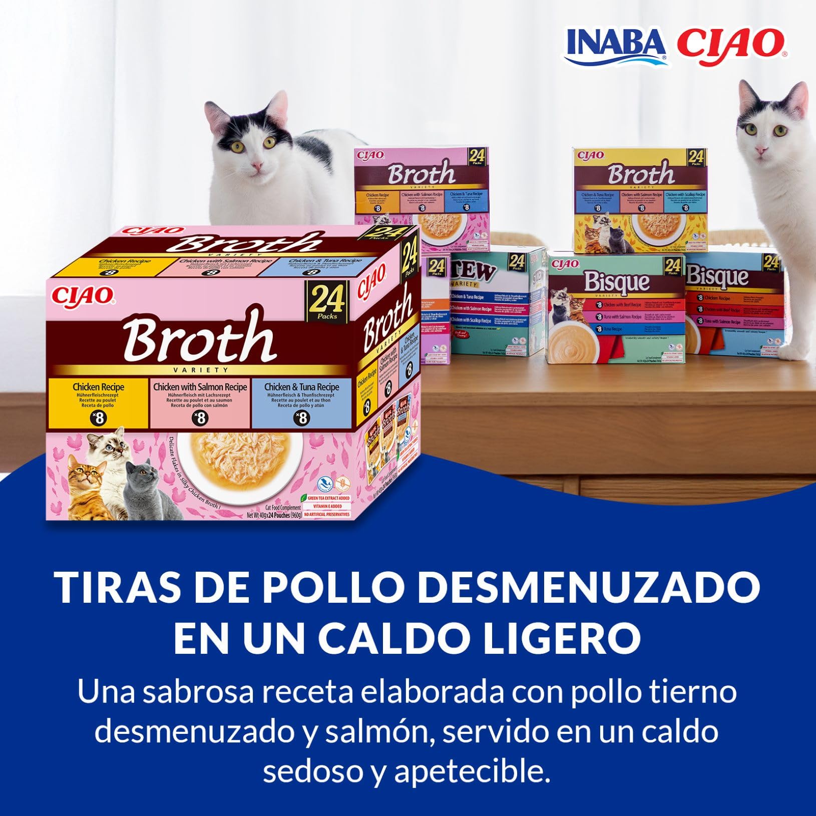 INABA Ciao Broth Gatos - Receta Saludable de Caldo de Pollo, 3 Sabores Diferentes - Comida Húmeda con Tiras de Pollo, Salmón y Atún - Natural, sin Cereales - 960g (24 Sobres x 40g)