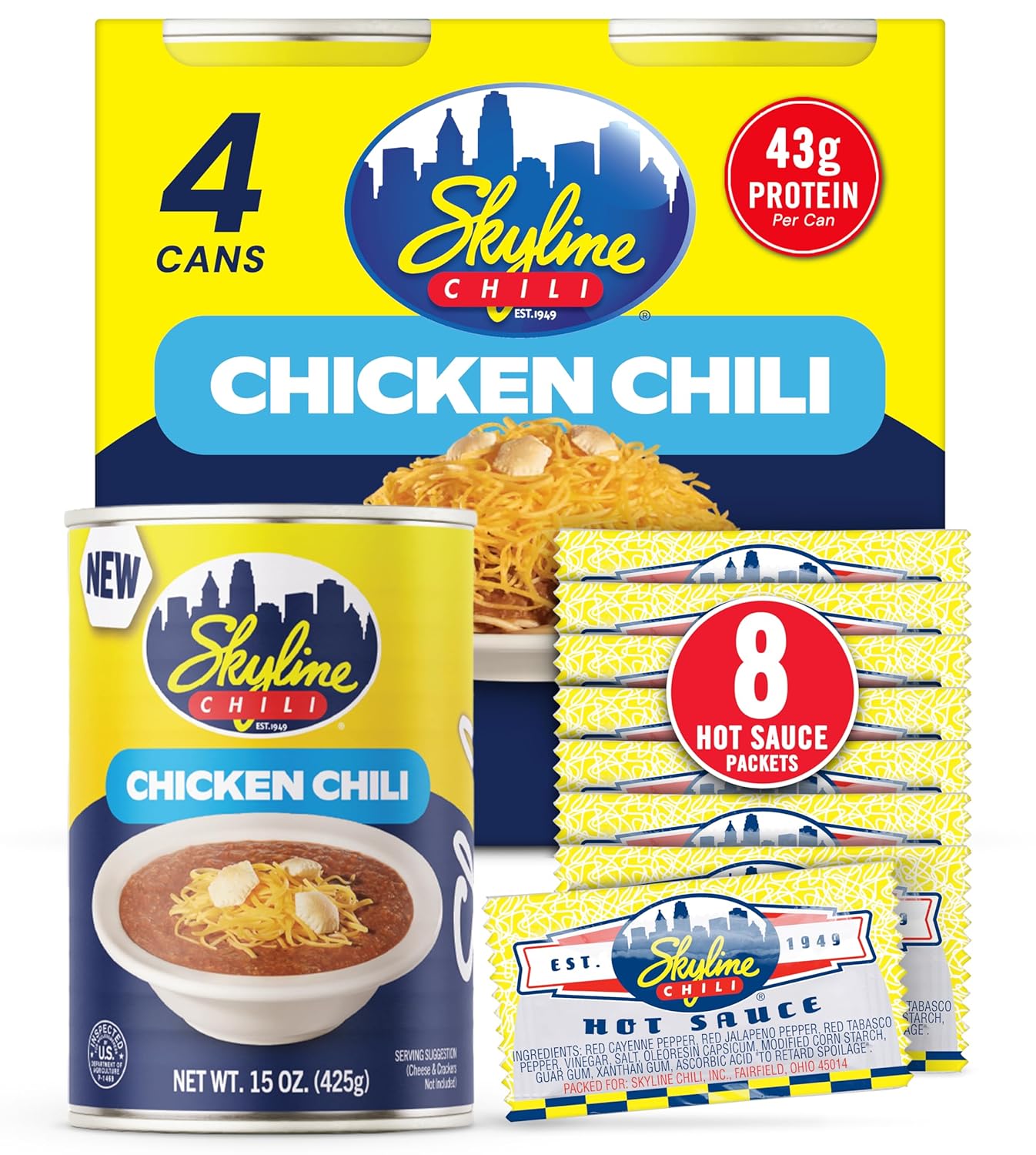 Skyline Chicken Chili Bundle - 4-Pack 15 oz Cans with 8 Packets of Skyline Chili Hot Sauce, Authentic Cincinnati Chili & Spicy Sauce Combo for Coneys, Spaghetti, Nachos & Low Carb Meals