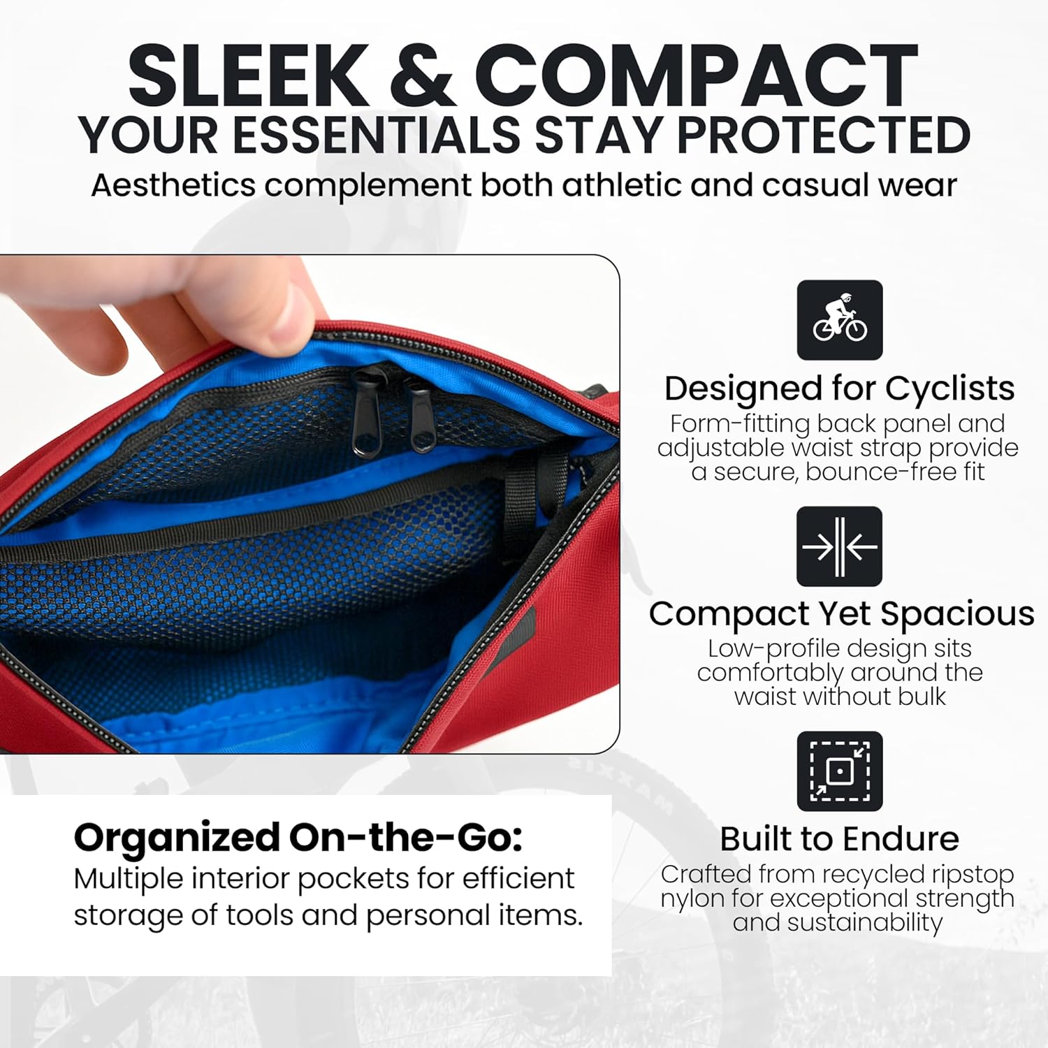 ALMSTHRE Hip Pack - Rust Red | Durable & Waterproof Fanny Pack for Cyclists | Adjustable Fit with Organized Storage | Recycled Ripstop Nylon for Biking, Hiking, and Everyday Carry - Image 3