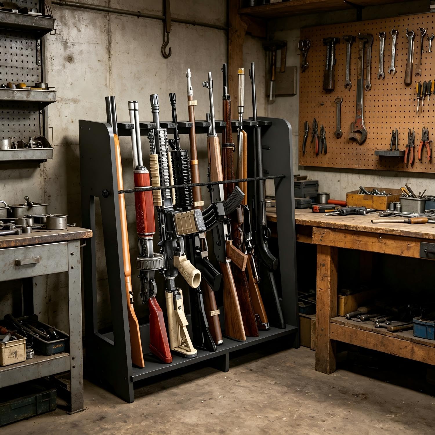 Bastidores para armas de interior – Estante de madera independiente para rifle, almacenamiento vertical para escopetas y soporte de exhibición con cuerda protectora, altura ajustable para