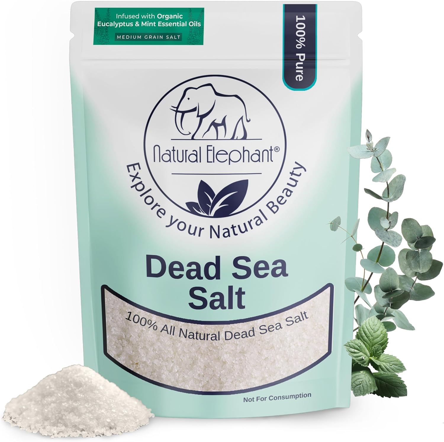 Natural Elephant Dead Sea Eucalyptus Mint Bath Salt - Bathing and Foot Soak for Energizing and Refreshing 100% Pure with Organic Eucalyptus Mint Essential Oil Medium Coarse Grain (1 lb (16 oz) Bag)