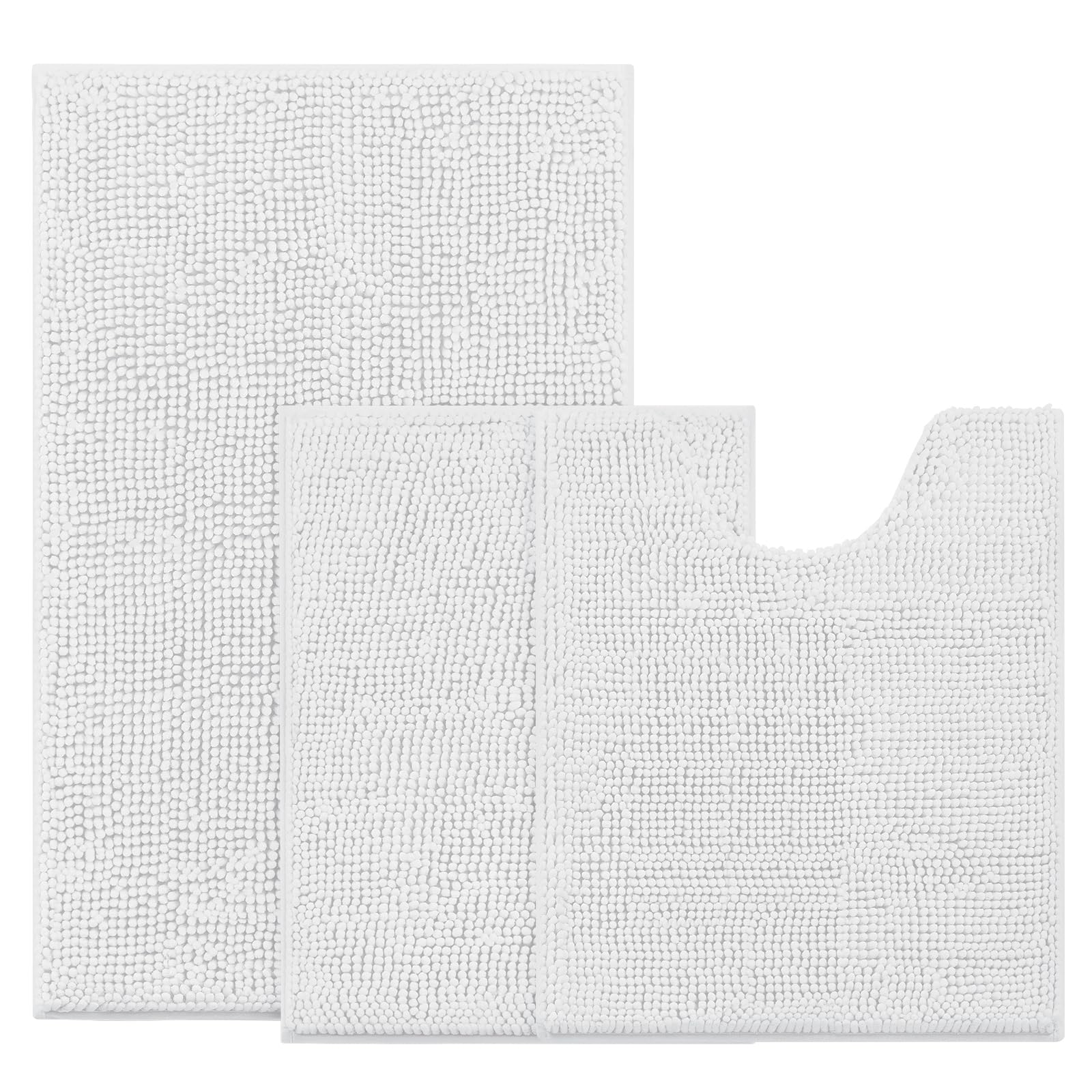 BYSURE Juego de alfombras de baño blancas de 3 piezas, antideslizantes, extra absorbentes, de felpilla, juego de alfombras de baño suaves y secos, para alfombras de baño lavables