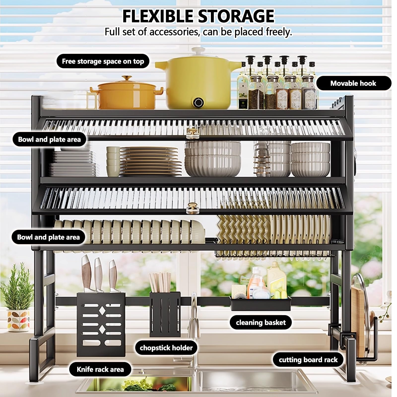Doble capa Gran capacidad cocina escurreplatos, cocina encimera platos organizador, fregadero escurridor de platos, cubiertos escurreplatos para fregadero sobre.(95cm)