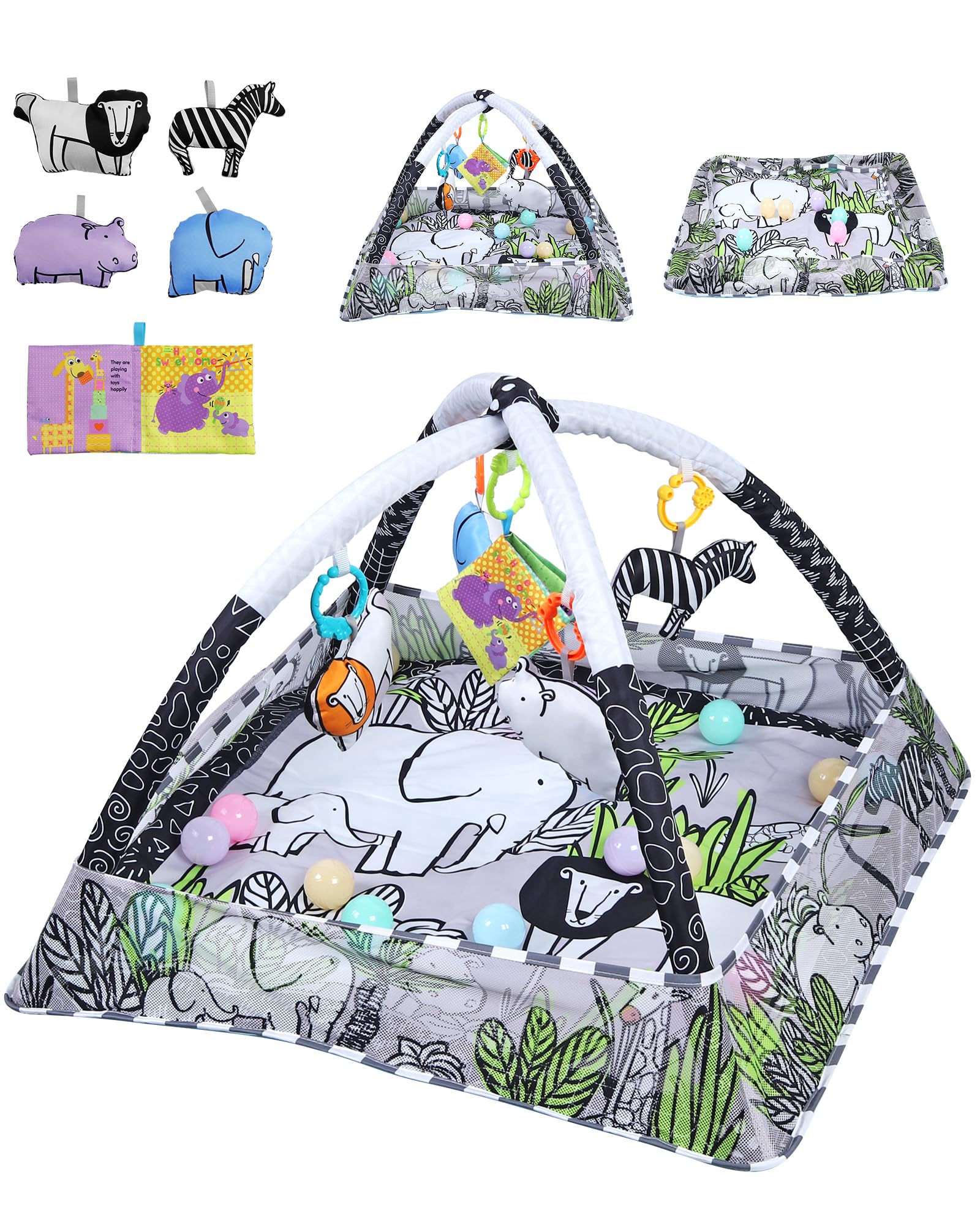 eSynic Baby Gym Spielmatte Spielbogen 7 in 1 Kickin' Tunes Spieldecke Krabbeldecke mit 5 Abnehmbaren Spielzeugen Montessori für Babys von 0-18 Monaten Schwarz-Weiß Kontrast 18 Spielbälle