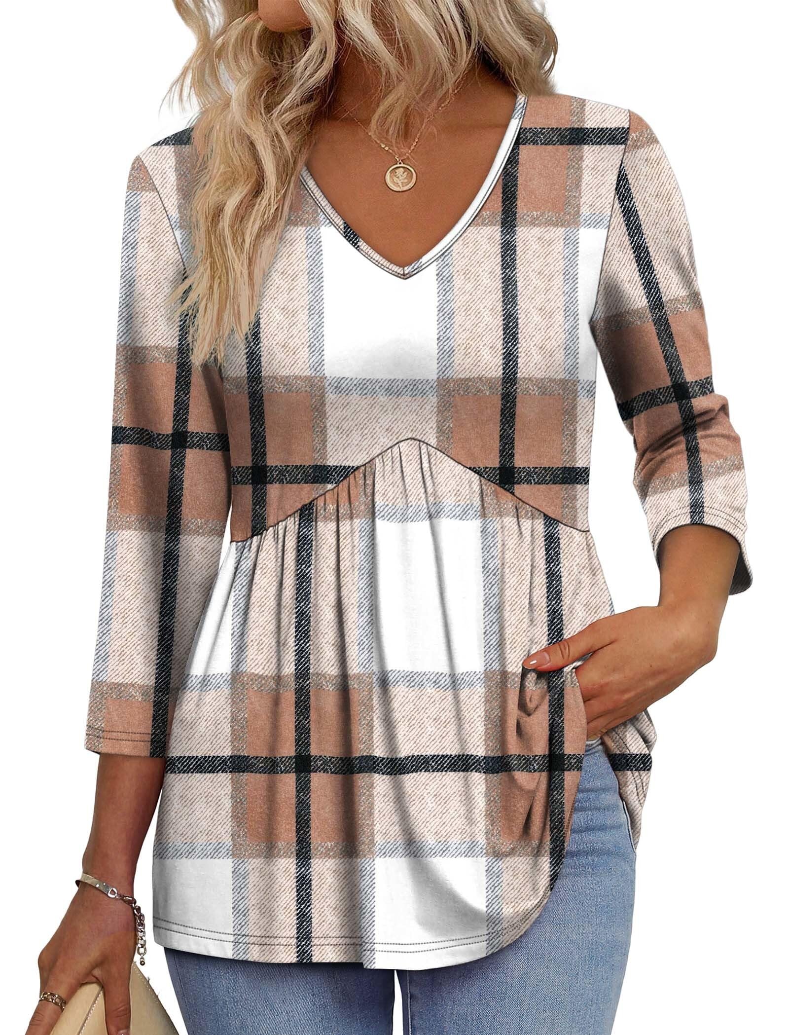 OFEEFAN 3/4 Length Sleeve Womens Tops 2026 Blouses for Women Dressy Casual Fashion Clothing V Neck Babydoll Tops Fall Outfits
