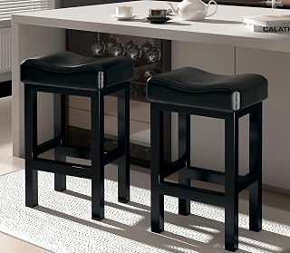 Bar Stools Set of 2, 25 Inch Counter Height BarStools for Kitchen Island, Faux Leather Thick Saddle Seats & Heavy Duty Metal Base, Easy Assembly (Black,25 inch)