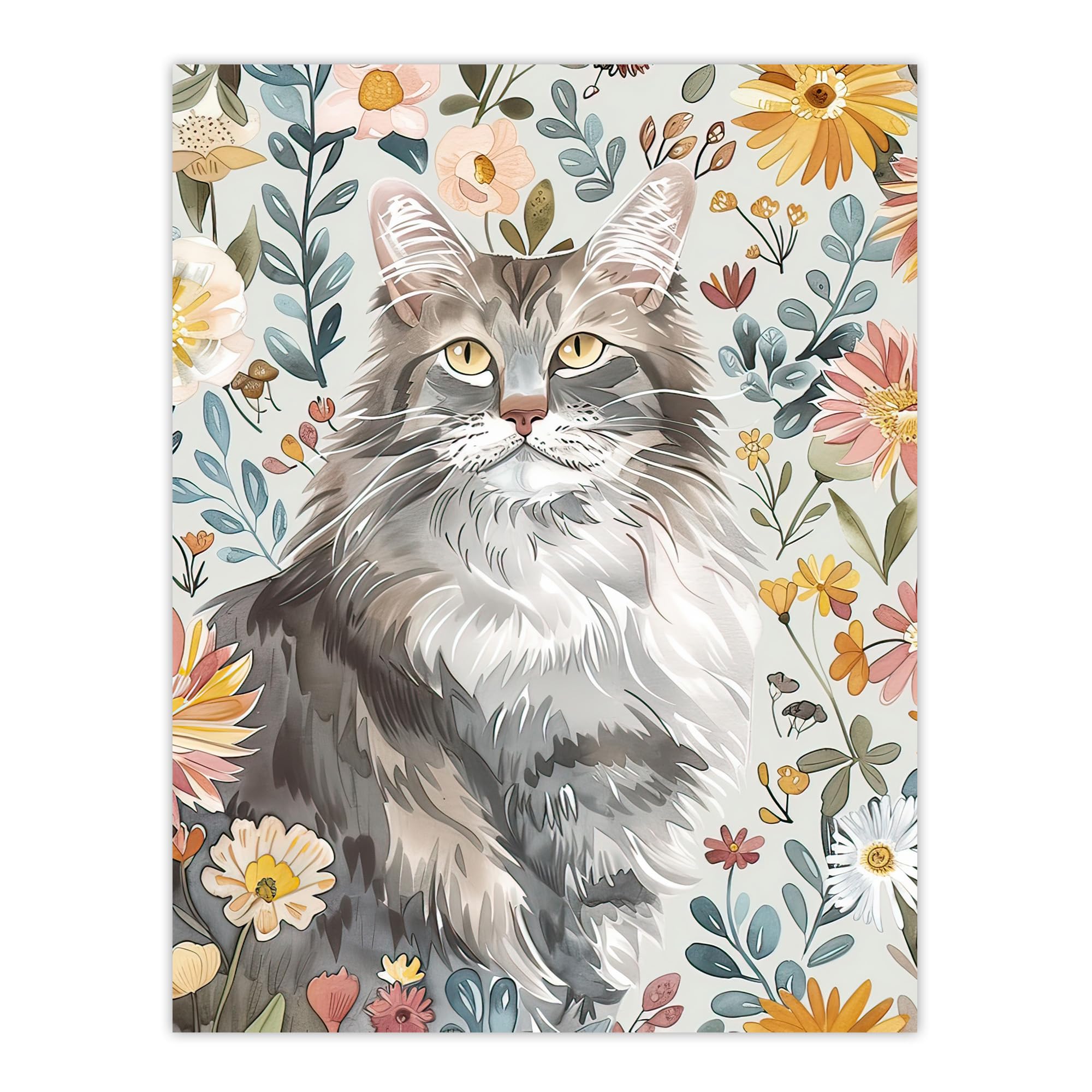 Artery8 - Wall Art Print - Maine Coon - Boho Floral - W24 inch x H32 inch