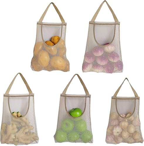 Miniatura 7 de Paquete de 5 bolsas de almacenamiento de malla para colgar, bolsa de papas, malla de cebolla, red de ajo, largas y grandes, bolsas de almacenamiento