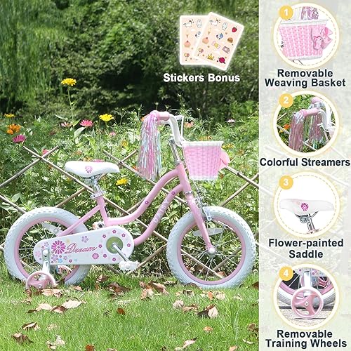 Miniatura 2 de Daisy - Bicicleta estilo princesa de 12, 14, 16 pulgadas, para niñas de 2 a 7 años, con ruedas de entrenamiento, cesta y serpentinas, varios colores