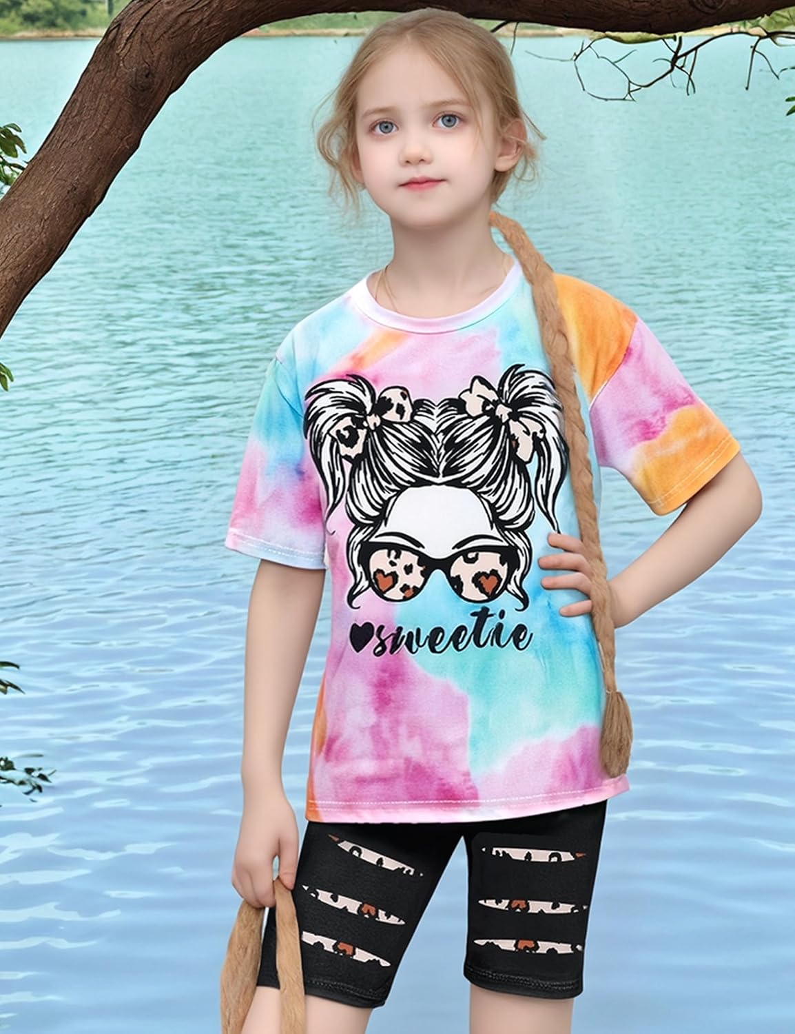 Girls Clothes Short Sleeve Tie Dye Top Shorts and Pants 2PCS Girls Summer Outfits Size 6-16