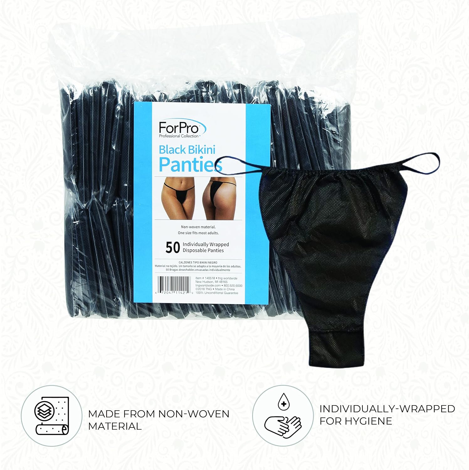 ForPro Professional Collection Disposable Bikini Panties, Non-Woven Underwear, Individually-Wrapped, One Size Fits Most, Black, 50-Count