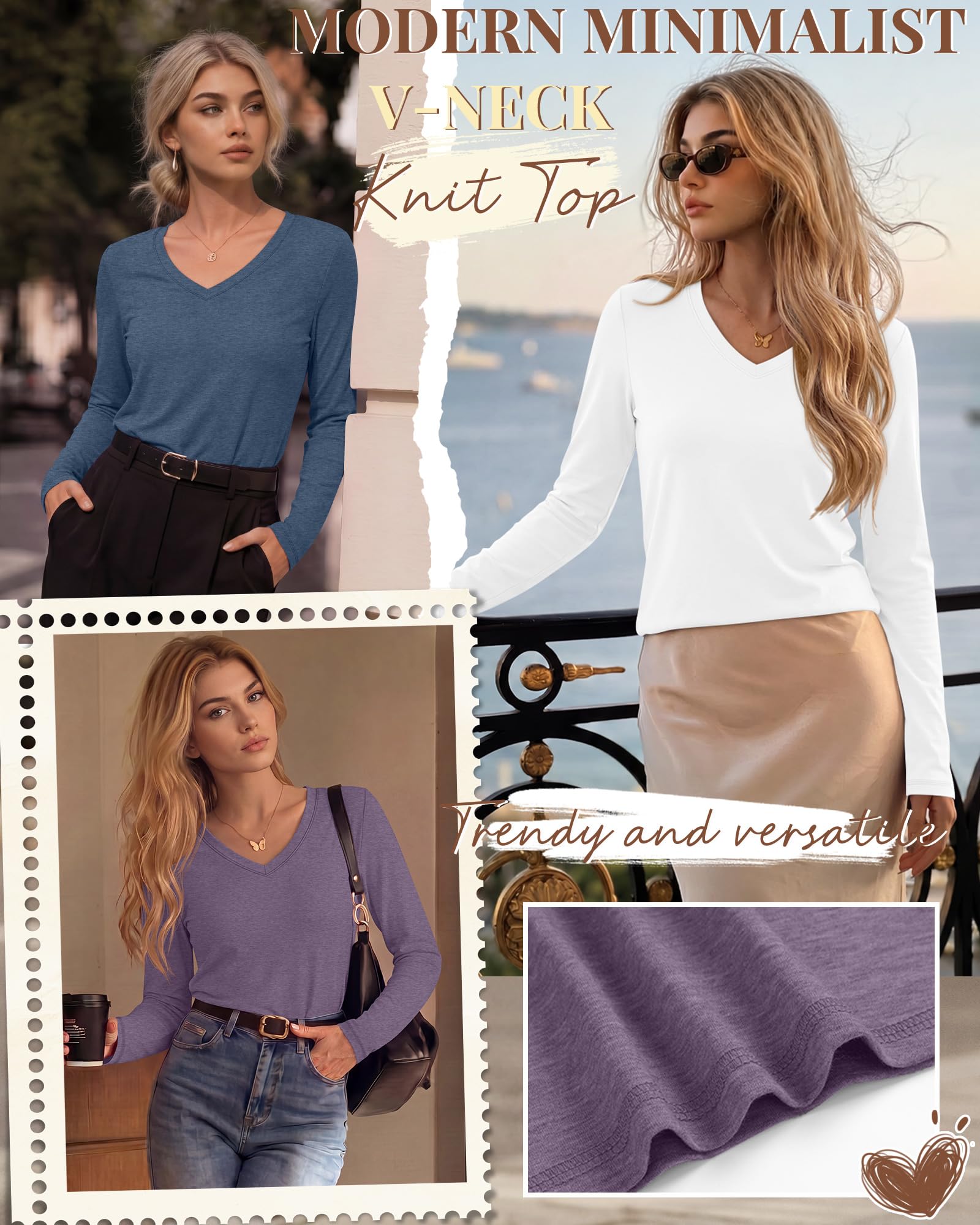Neer Lot de 5 chemises à manches longues pour femme, col en V, coupe ample, t-shirts basiques solides, tendance, chemisiers décontractés pour l'automne