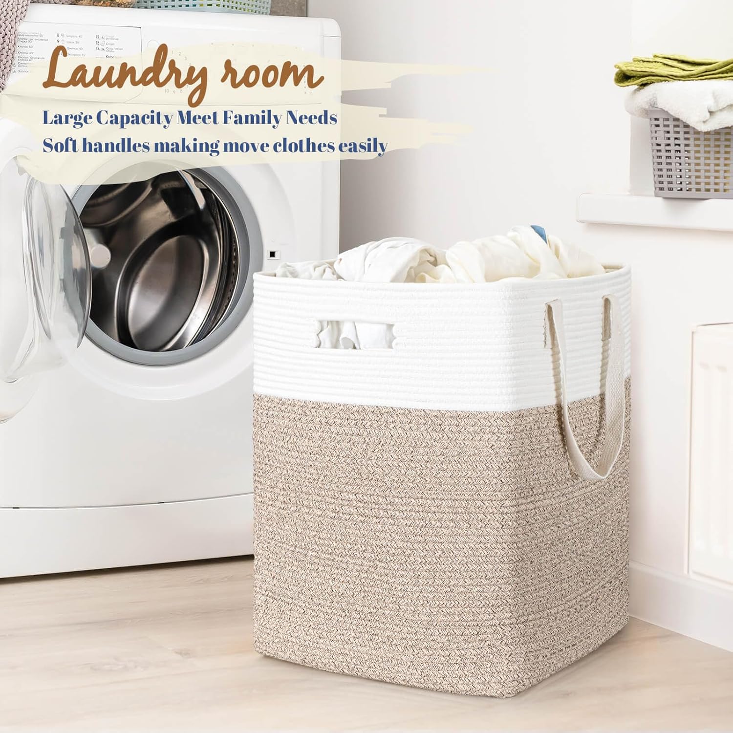 ZLG 78L Laundry Hamper, Tall Clothes Laundry Basket, Large Blanket Basket in Living Room, Rope Storage Basket with Handles, Rectangle Laundry Storage Bins, White & Brown, 20 x 16 x 15 inches