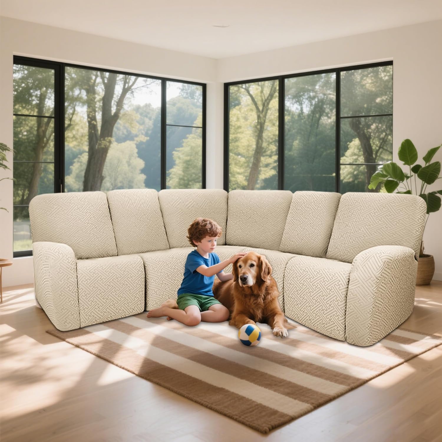 100% Waterproof Sectional Recliner Couch Covers for Reclining Couch L Shaped Corner Sectional Sofa Cover Jacquard Stretch L Shape Recliner Slipcovers (5 Seater Cover, Beige)